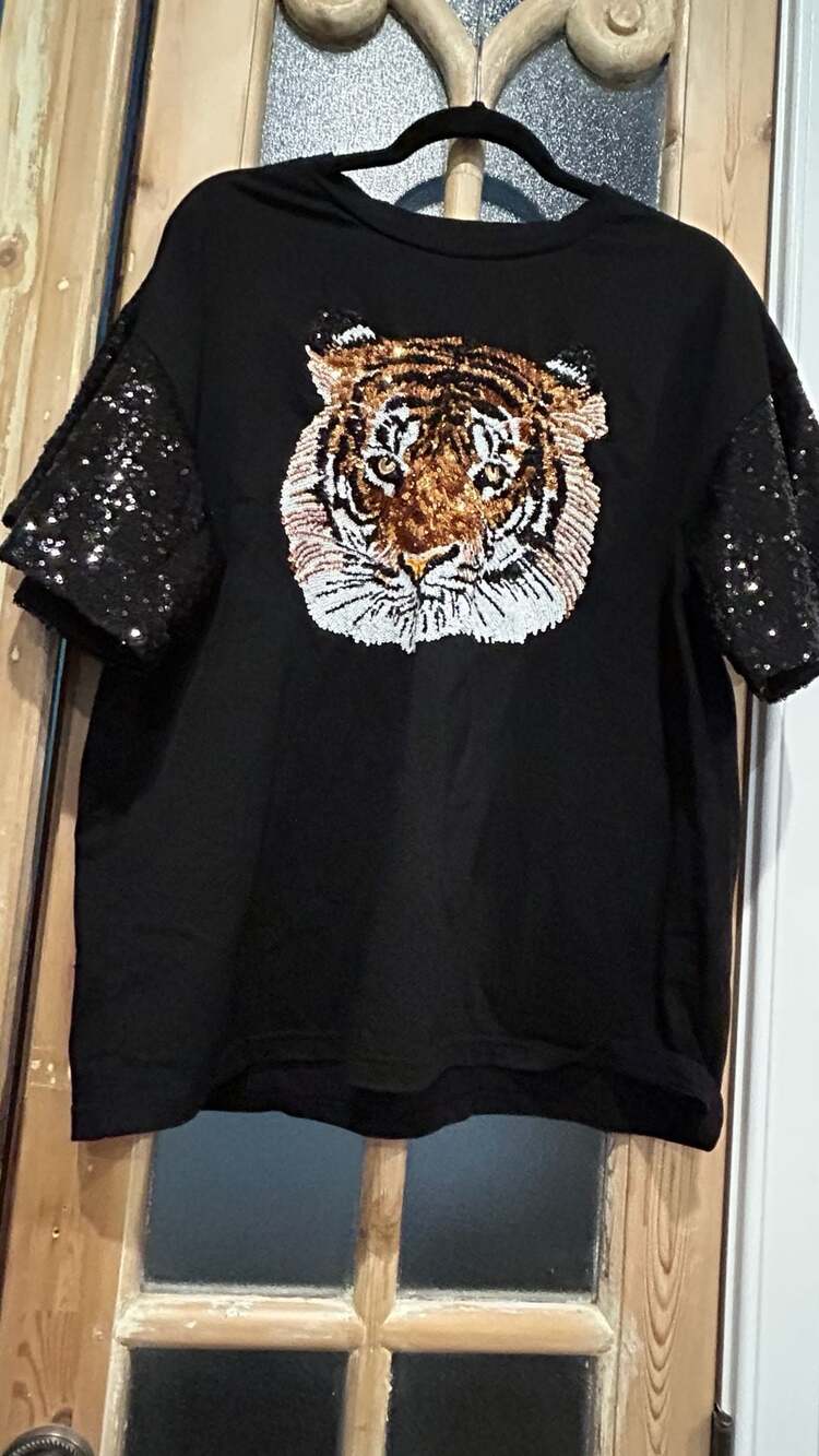 Bomb Designs Tiger Sequin Top Size XL Black Sequin Sleeve Tee